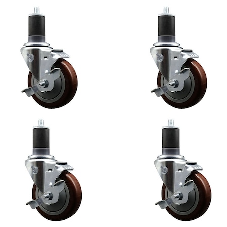 Service Caster 4'' Maroon Poly Swivel 1-5/8'' Expanding Stem Caster Set with Brake, 4PK SCC-EX20S414-PPUB-MRN-TLB-158-4